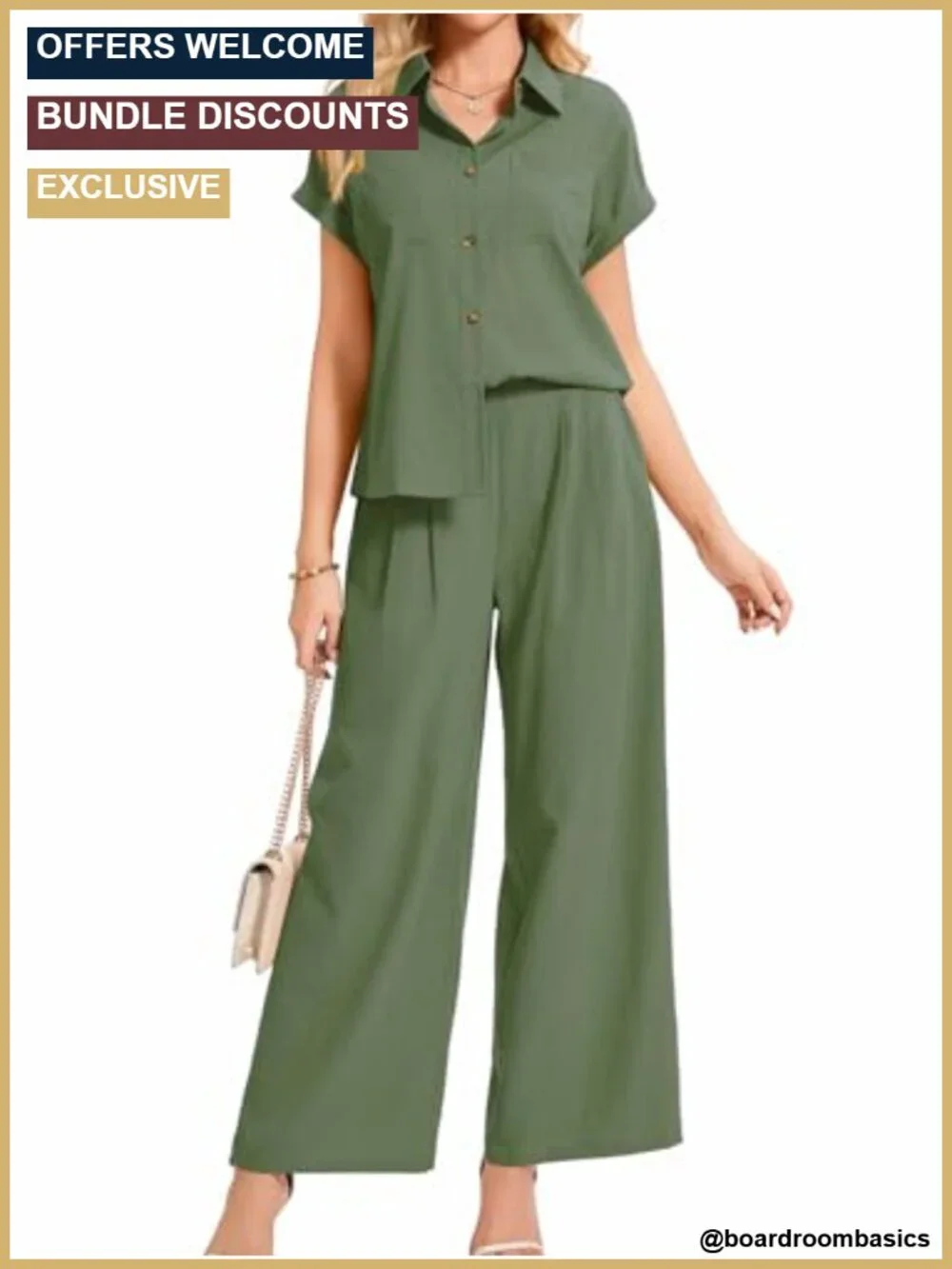 Women's 2 Piece Dressy Work Outfit - Button Down Shirt & Wide Leg Pants Set